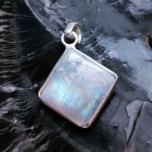 Rainbow Moonstone gemstone silver banded handmade pendant necklace #061